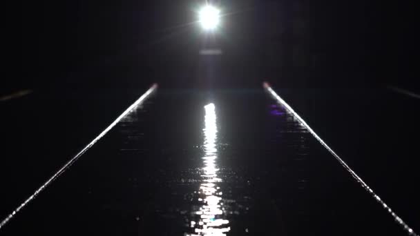 Empty pool with lunar path water and dividers track for swimming. Blue water in swimming pool. Night shot. — Stock Video