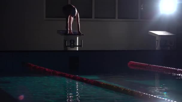 Male swimmer jumps off starting block and start swims in pool. Professional athlete training: dive and splashes water surface. Night shot — Stock Video