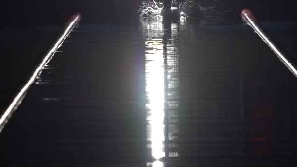 Plavec skáče v hluboké vodě v bazénu pomalý pohyb. Noční záběr — Stock video
