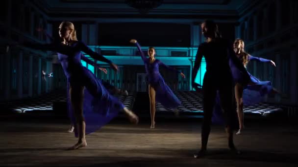 Groupe de jeunes ballerines habiles dansant ballet moderne sur la scène de la grande salle. Les filles regardent l'auditorium. Répétition générale avant la représentation . — Video