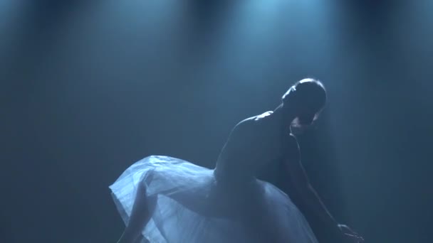 Bailarina en tutú blanco bailando elementos de ballet clásico. De cerca. — Vídeo de stock