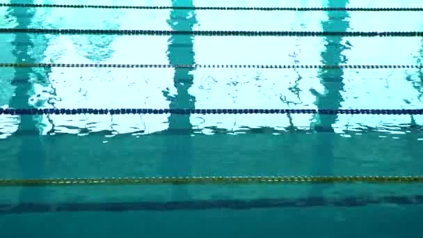 Leeg zwembad met helder water en scheidingswanden spoor om te zwemmen. Blauw water in het zwembad — Stockvideo