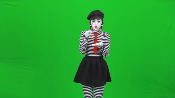 Mime girl trying drink something disgusting. Green screen, Chroma key. — Stock Video