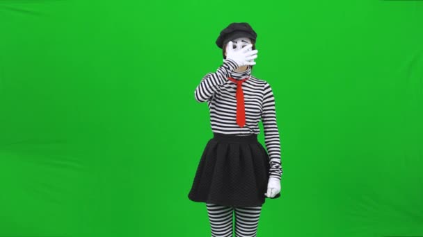 Κορίτσι μίμος κάνει γκριμάτσες και χειρονομίες. Πράσινη οθόνη, κλειδί Chroma. — Αρχείο Βίντεο