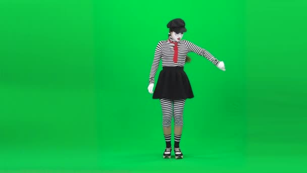 Mime girl is driving a car. Chroma key. Full length. — Stock Video