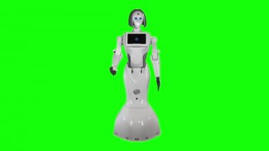Robot bir el hareketi kendini çağırıyor ve konuşuyor. Yeşil ekran. Yavaş çekim