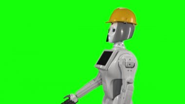 Turuncu kasklı robot işçileri ofisine davet ediyor. Yeşil ekran. Yan görüş. Yavaş çekim