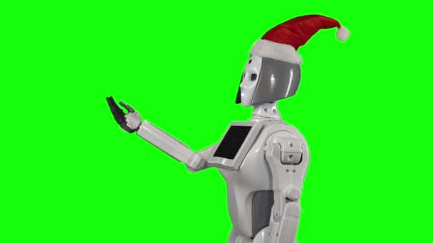 Robot wearing a hat is calling for a hand gesture. Green screen. Side view. Slow motion — Stock Video