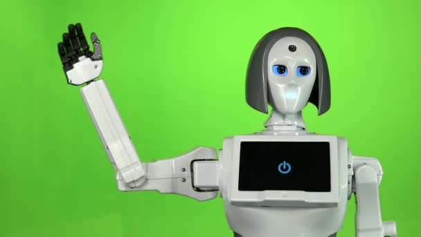 Robot zwaait hallo. Groen scherm. Langzame beweging — Stockvideo