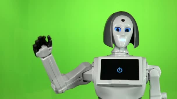 Robot mává na rozloučenou. Zelená obrazovka. Zpomalený pohyb — Stock video