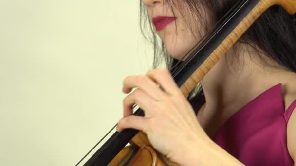 少女の指は、チェロの弦をクランプします。側面図です。白背景 — ストック動画