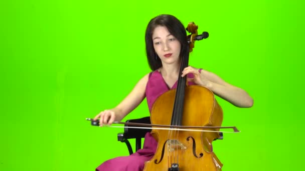 穿裙子的女孩会演奏大提琴。绿色屏幕 — 图库视频影像
