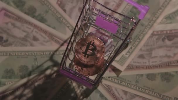 Geld munt Bitcoin in een klein winkelwagentje draait — Stockvideo