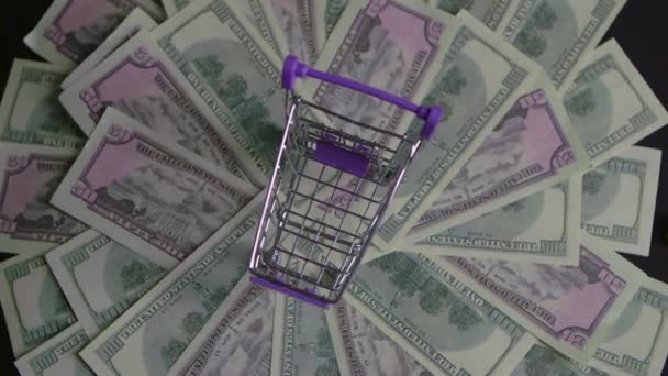 Miniatur-Geldwagen dreht sich um Papiergeld — Stockvideo