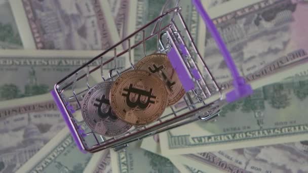 Wózek z pieniędzmi i monety z pieniędzmi kręcą się w nim — Wideo stockowe