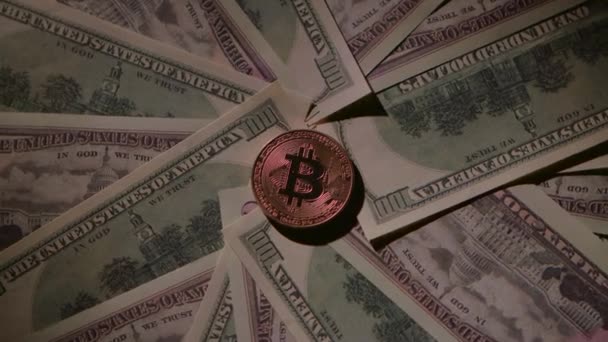 Bitcoin liegt auf Papierscheinen auf dem Tisch — Stockvideo