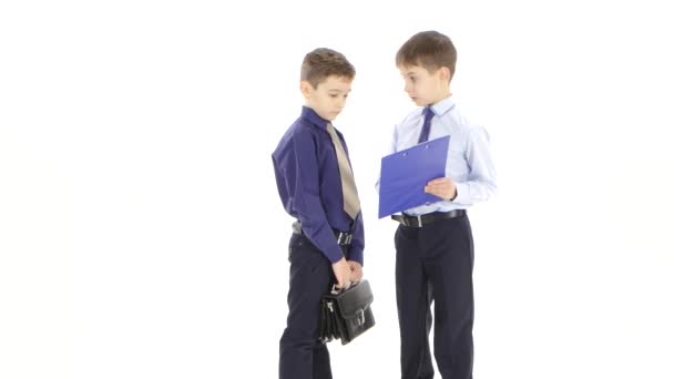 Meeting of two boy businessmen with handshake on white studio — Stock Video