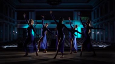 Grup genç yetenekli balerinler büyük salon sahnede modern bale dans. Kızlar oditoryuma bakıyor. Performans öncesi kostümlü prova.