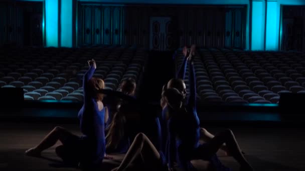 Group young skillful ballerinas dancing modern ballet on the stage of large hall. Girls looking at auditorium. Dress rehearsal before performance. — Stock Video