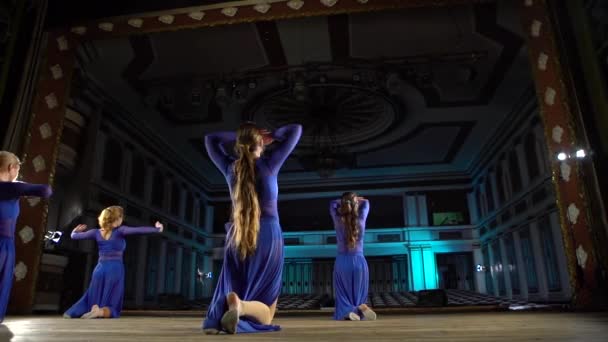 Grupa młodych umiejętne baleriny taniec nowoczesnego baletu na scenie dużego holu. Dziewczyny patrzą na widownię. Próba sukienki przed wykonaniem. — Wideo stockowe