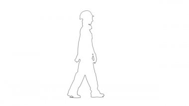 Miğferli kadın müteahhit taslağı beyaz arka planda yürüyor.