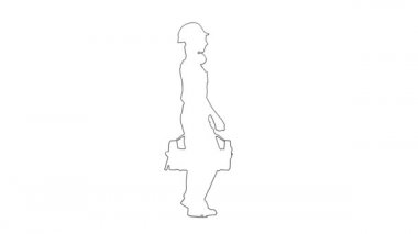 Beyaz arka planda yürüyen, miğferli ve alet çantalı kadın müteahhit taslağı.