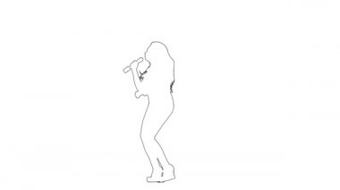 Kızın çizimi mikrofonda şarkı söylüyor. Beyaz arka plan. Siluet