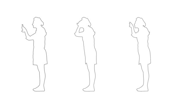 Outline schets van kok meisje proberen schotel van lepel geïsoleerd op witte achtergrond. Silhouet. Zijaanzicht. 3 in 1 — Stockvideo