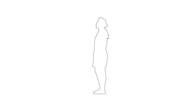 Περίγραμμα σκίτσο της μάγειρας κυρία σταυρό όπλα κρατώντας πλάστη και κουτάλα απομονώνονται σε λευκό φόντο. Σιλουέτα — Αρχείο Βίντεο