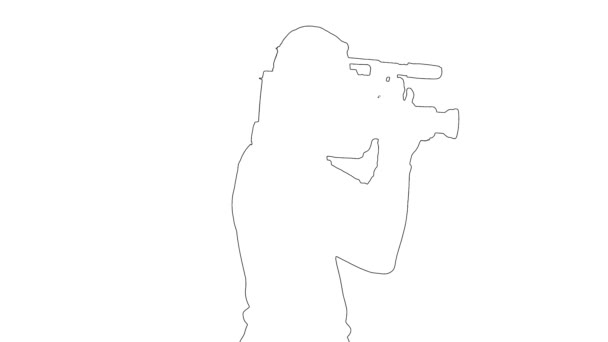 Schizzo schematico dei passi del cameraman ritratto con la fotocamera sulla spalla isolata su sfondo bianco. Silhouette. Vista laterale — Video Stock