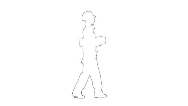 Περίγραμμα σκίτσο του οικοδόμου θηλυκό στο κράνος με ένα σχέδιο κατασκευής στο χέρι είναι το περπάτημα σε λευκό φόντο — Αρχείο Βίντεο