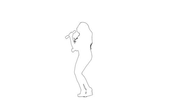 Outline sketch of girl sing song at microphone. White background. Silhouette — Stock Video