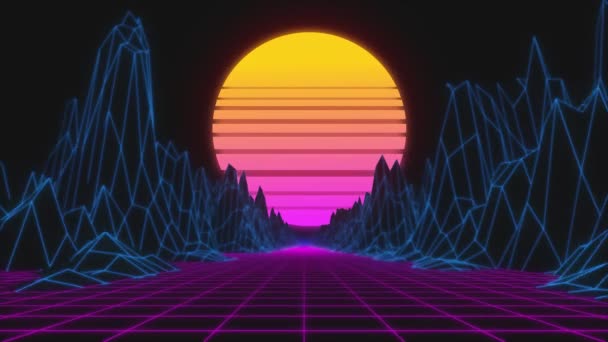 Stiliserad vintage 3D animation bakgrund med berg och sol. 80-talets retro futuristiska sci-fi sömlös loop. — Stockvideo