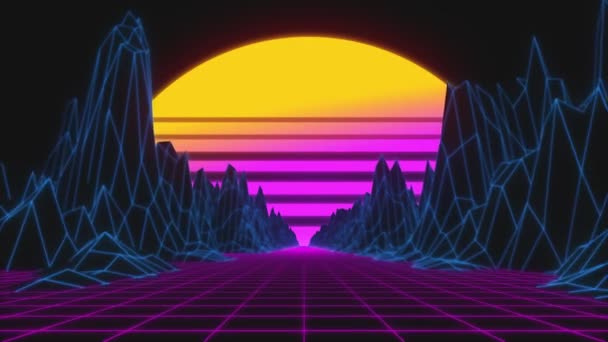 Stylizovaný vinobraní 3D animace pozadí s horami a sluncem. retro futuristická sci-fi smyčka 80. let. — Stock video