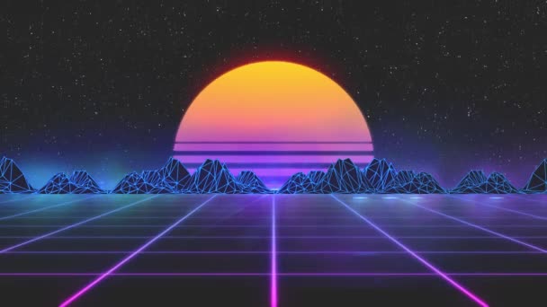 Stylized vintage 3D animation background with mountains, sun and glowing stars. 80s retro futuristic sci-fi seamless loop. — Stock Video