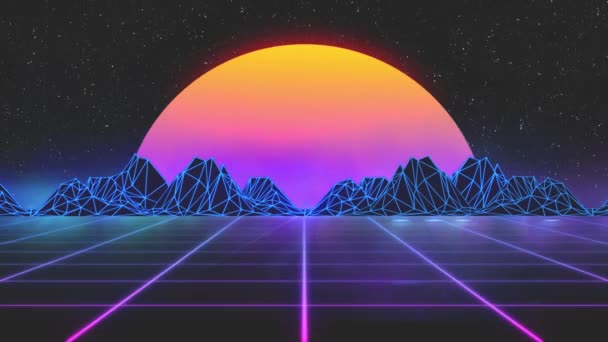 Stylized vintage 3D animation background with mountains, sun and glowing  stars. 80s retro futuristic sci-fi seamless loop. — Stock Video ©  KinoMasterDnepr #378293216