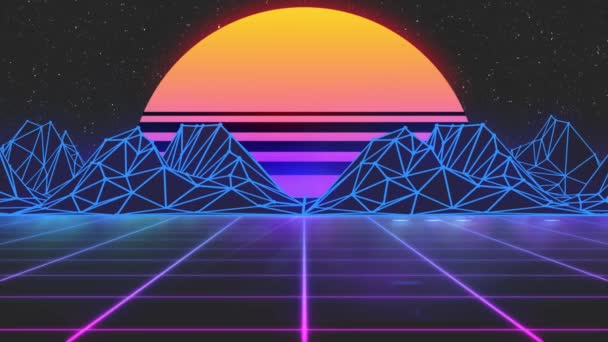Stylizované retro 3D animační pozadí s horami, sluncem a zářícími hvězdami. retro futuristická sci-fi smyčka 80. let. — Stock video