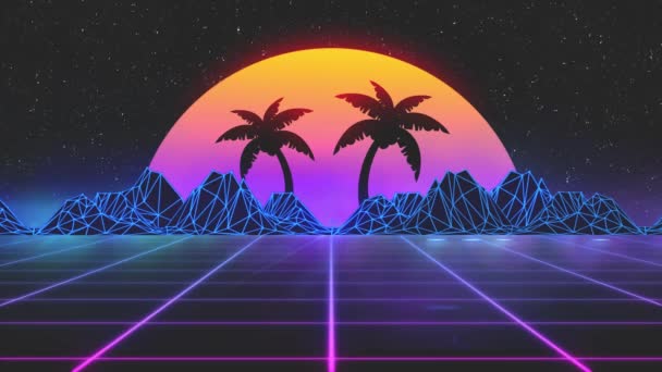 Gestileerde vintage 3D animatie achtergrond met bergen, zon, palmbomen en stralende sterren. 80s retro futuristische sci-fi naadloze lus. — Stockvideo