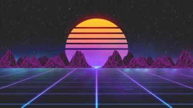 Arazide güneş, uzay, dağlar ve lazer ızgaralı retrodalga animasyonu. Geçmişe dönük fütüristik hareket grafikleri.