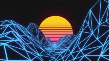 Neon ışıklarıyla geri dalga ufuk manzarası ve güneş ve dağlarla düşük polyester arazi. 80 'lerin geçmişe dönük mavi arkaplan canlandırması