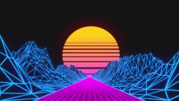 山、太陽と輝く星とのスタイルのヴィンテージ3Dアニメーションの背景。80レトロな未来のSFシームレスなループ. — ストック動画