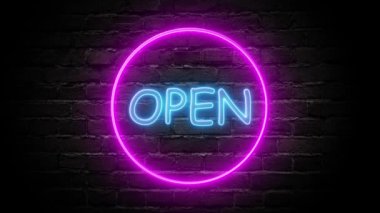 Duvarın arka planında neon açık işaret animasyonu. Kusursuz döngü işareti aç.
