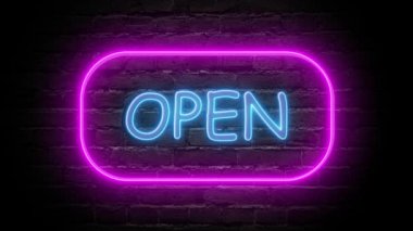 Duvarın arka planında neon açık işaret animasyonu. Kusursuz döngü işareti aç.