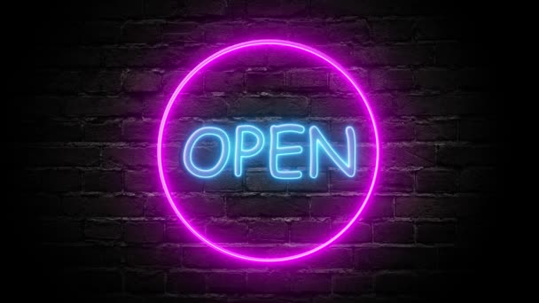 Neon aperto segno animazione su sfondo muro di mattoni. Segno aperto loop senza soluzione di continuità . — Video Stock