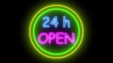 Siyah arka planda 24 saat açık neon ışığı animasyonu. Kusursuz döngü işareti aç.