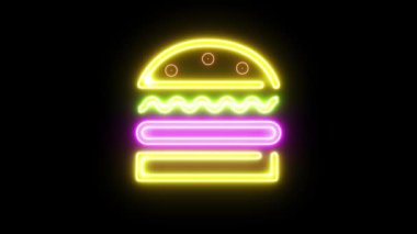 Gıda burger neon ışıklı siyah arka plan. Parlak test döngüsü konsepti canlandırması.