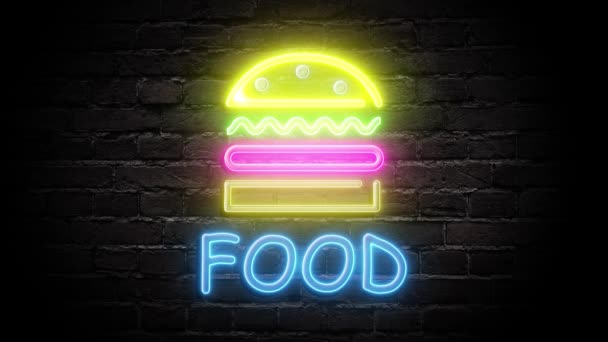Voedsel neon bord licht op baksteen muur achtergrond. Gloeiende grote test looping concept animatie. — Stockvideo