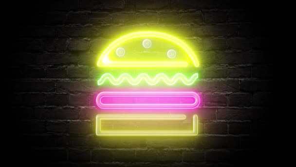 Food Burger Leuchtreklame Licht auf Backsteinwand Hintergrund. Glühende große Test-Looping-Konzeptanimation. — Stockvideo