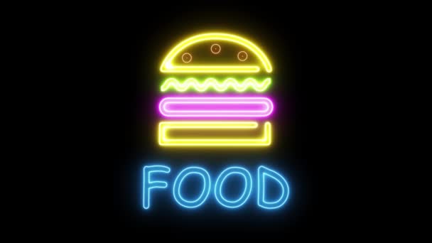 Lampu penanda neon makanan pada latar belakang hitam. Glowing large test looping concept animation. — Stok Video