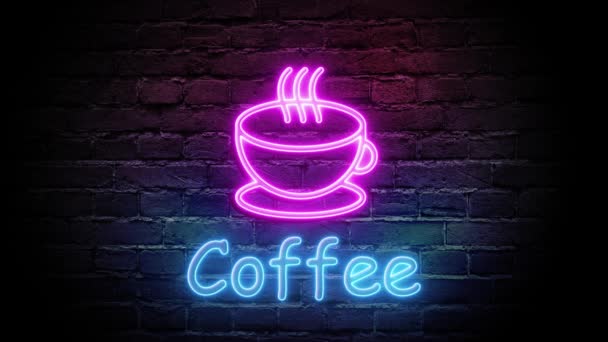 Neon koffie teken animatie op baksteen muur achtergrond. Cup koffie teken naadloos lussen. — Stockvideo